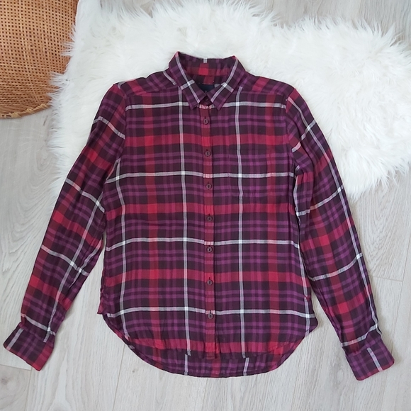 American Eagle Burgundy Plaid Button Down - Picture 2 of 9